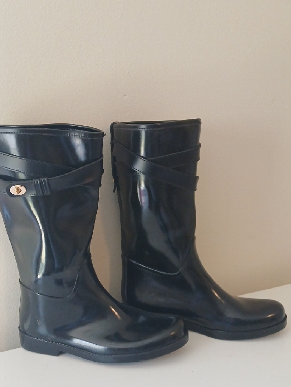 Coach Women's Black Gloss Tall Rain Boots with Calf Strap Detail - Picture 2 of 6